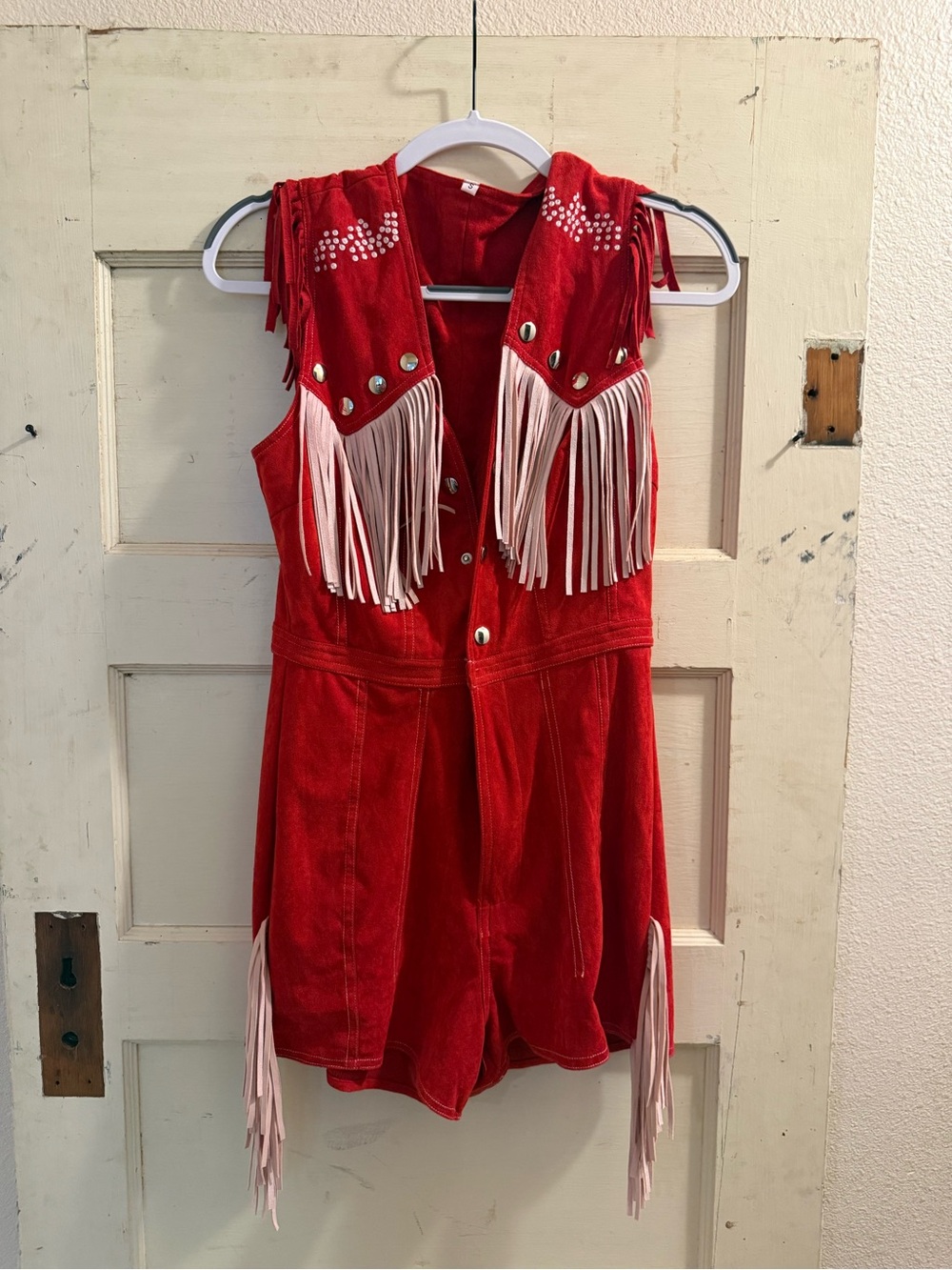 Red Fringe Sleeveless Jumpsuit with Stud Accents